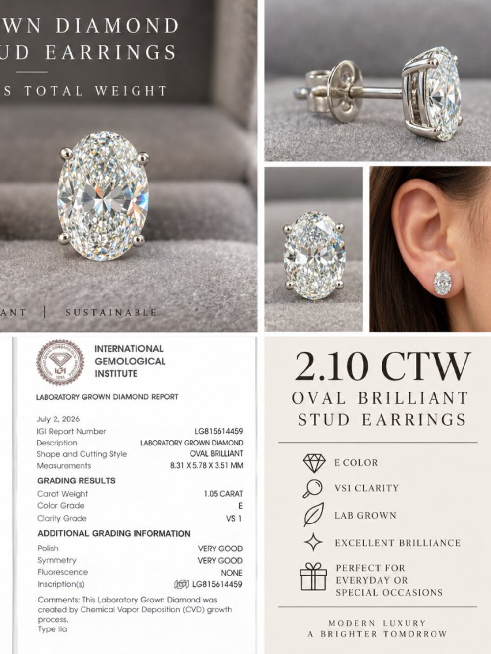 2.12 CTW Oval Lab Diamond Earrings E VS1 14K White Gold IGI